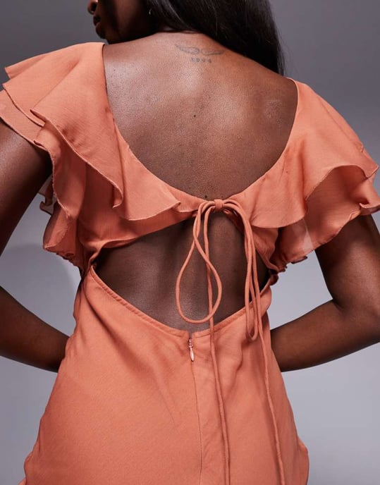 ASOS DESIGN ruffle flutter sleeve maxi dress with side split in rust - Image 2
