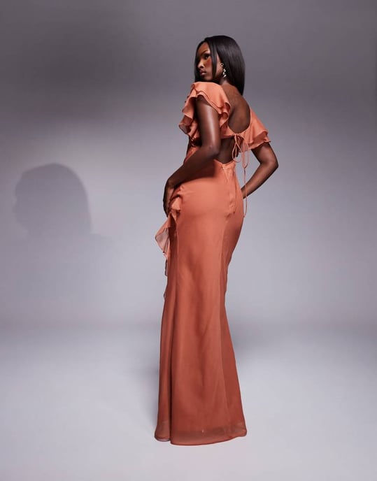 ASOS DESIGN ruffle flutter sleeve maxi dress with side split in rust - Image 3