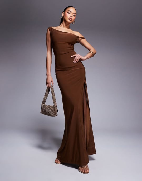 ASOS DESIGN twist shoulder with lace up back maxi dress in bronze - Image 1