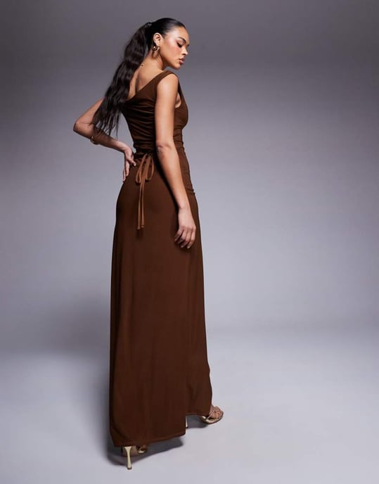 ASOS DESIGN twist shoulder with lace up back maxi dress in bronze - Image 2