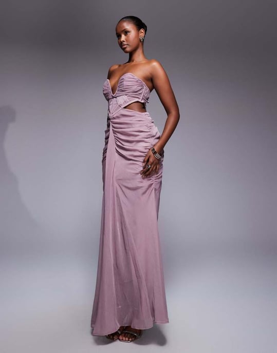 ASOS DESIGN corset detail plunge ruched maxi dress with cut out in mauve - Image 1