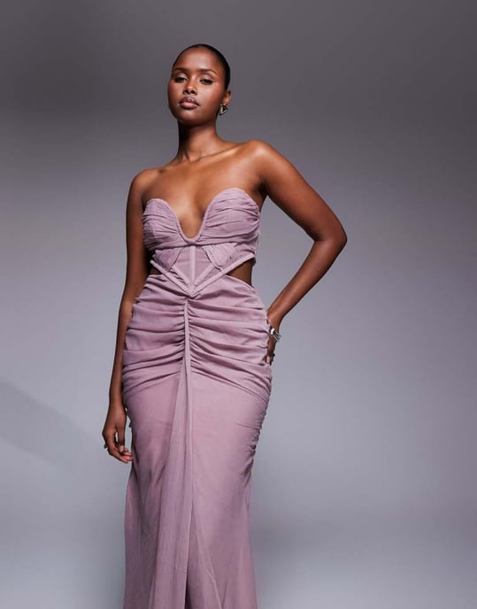 ASOS DESIGN corset detail plunge ruched maxi dress with cut out in mauve - Image 2