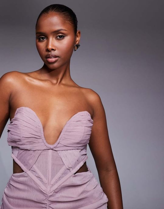 ASOS DESIGN corset detail plunge ruched maxi dress with cut out in mauve - Image 3