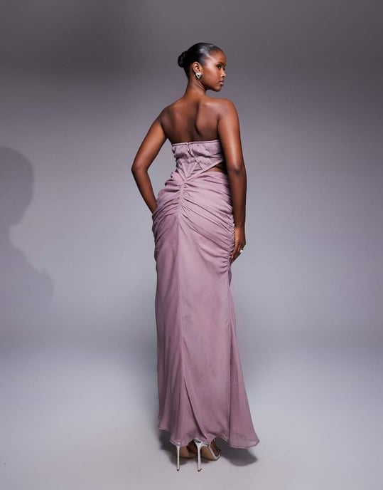 ASOS DESIGN corset detail plunge ruched maxi dress with cut out in mauve - Image 4