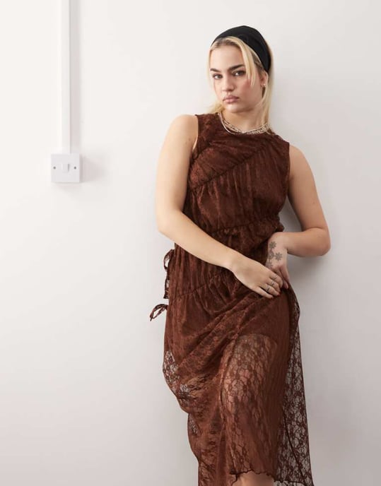 Reclaimed Vintage lace maxi dress with asymmetric tie detail in brown - Image 1