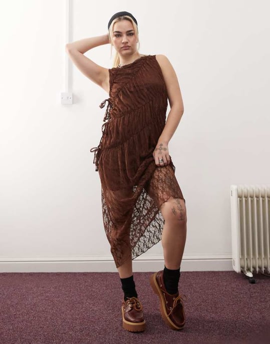 Reclaimed Vintage lace maxi dress with asymmetric tie detail in brown - Image 2