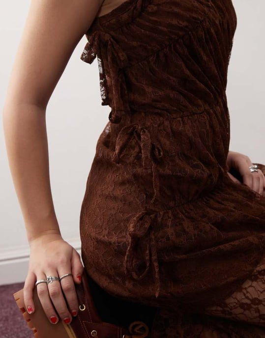 Reclaimed Vintage lace maxi dress with asymmetric tie detail in brown - Image 3