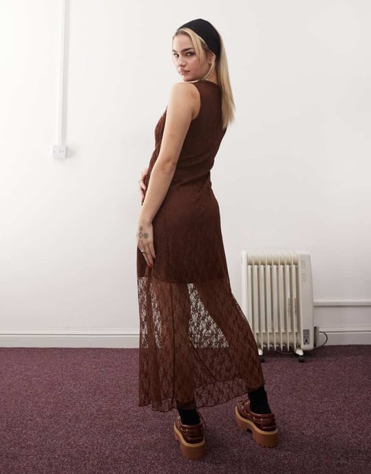 Reclaimed Vintage lace maxi dress with asymmetric tie detail in brown - Image 4