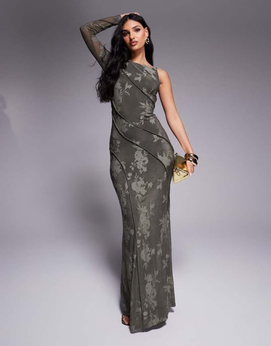 ASOS DESIGN devore one sleeve maxi dress with open back and exposed seam details in khaki - Image 1