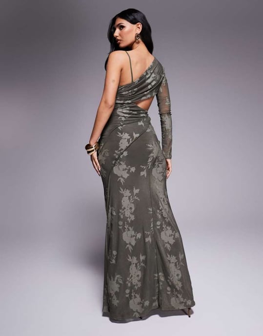 ASOS DESIGN devore one sleeve maxi dress with open back and exposed seam details in khaki - Image 3