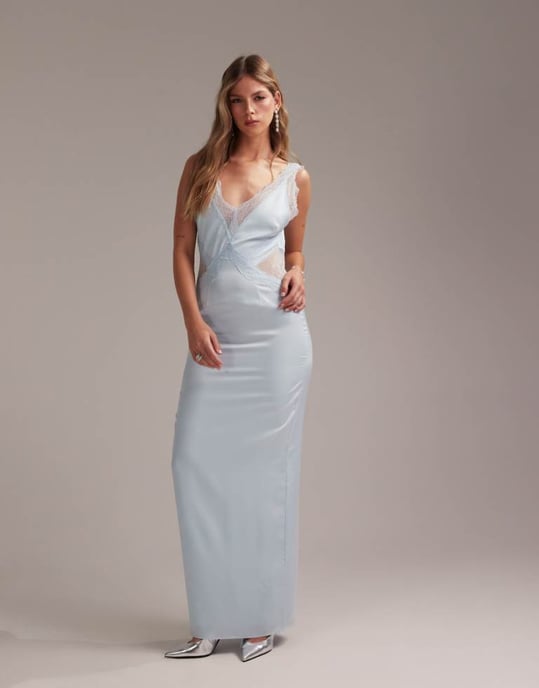 ASOS DESIGN Bridesmaids plunge neck lace detail satin column maxi dress in in light blue - Image 1