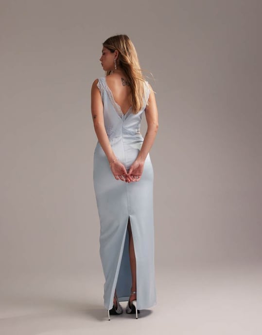 ASOS DESIGN Bridesmaids plunge neck lace detail satin column maxi dress in in light blue - Image 3