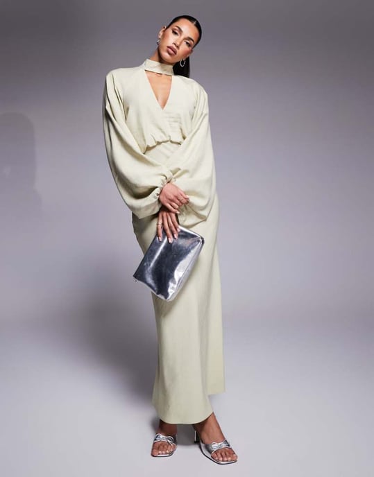 ASOS DESIGN high neck plunge maxi dress with blouson sleeves in soft green - Image 1