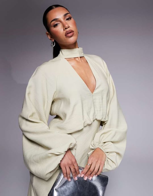 ASOS DESIGN high neck plunge maxi dress with blouson sleeves in soft green - Image 3