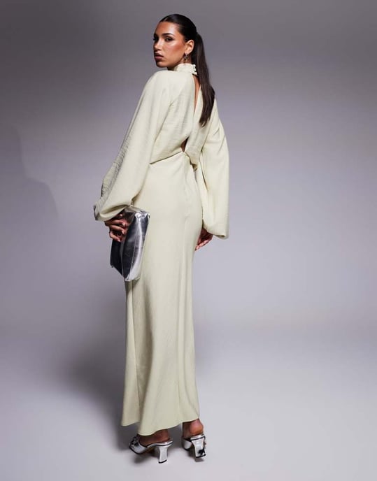 ASOS DESIGN high neck plunge maxi dress with blouson sleeves in soft green - Image 4