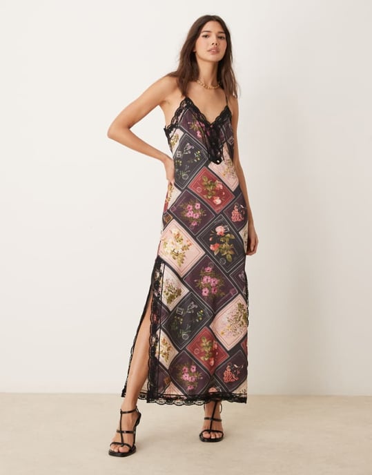 Miss Selfridge cami maxi dress with lace detail in patchwork print - Image 1