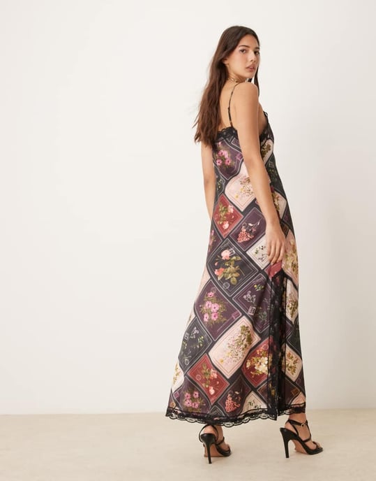 Miss Selfridge cami maxi dress with lace detail in patchwork print - Image 3