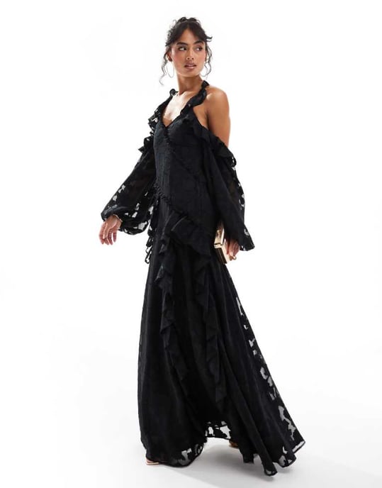 ASOS DESIGN cross neck cold shoulder floral jacquard maxi dress with ruffle detail in black - Image 1