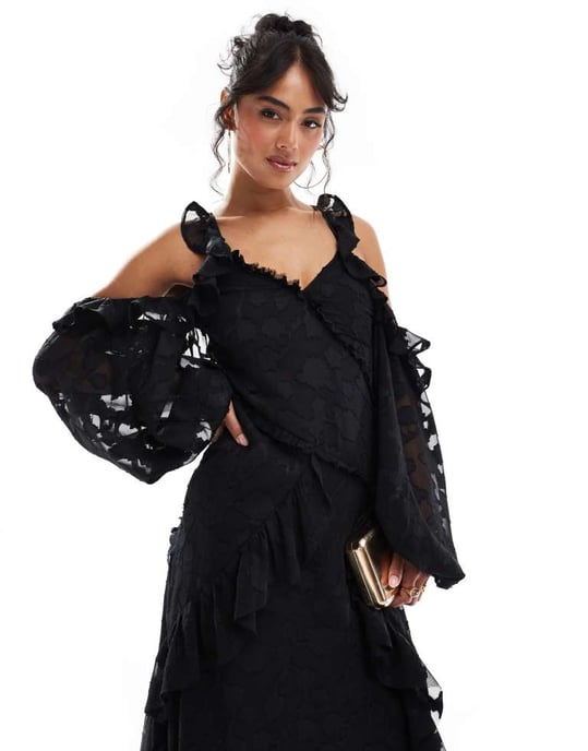 ASOS DESIGN cross neck cold shoulder floral jacquard maxi dress with ruffle detail in black - Image 2