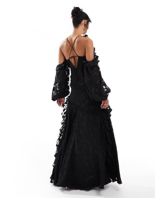 ASOS DESIGN cross neck cold shoulder floral jacquard maxi dress with ruffle detail in black - Image 4
