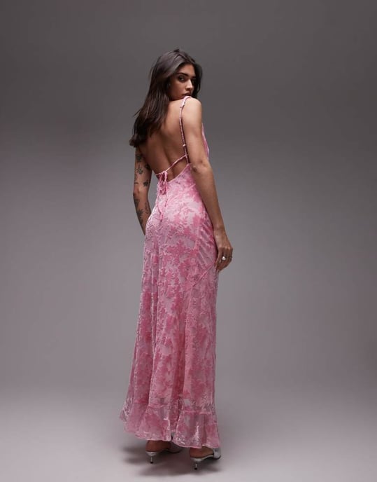 Topshop burn out twist shoulder maxi dress in pink - Image 3