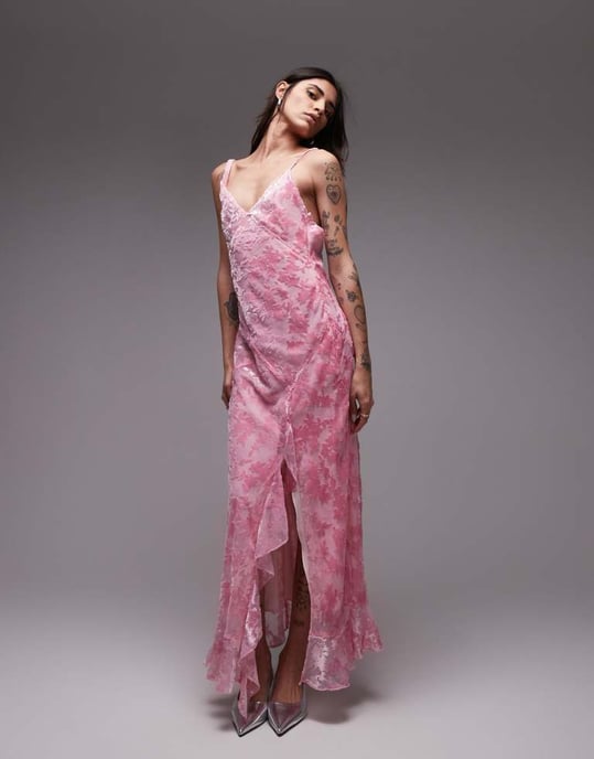 Topshop burn out twist shoulder maxi dress in pink - Image 4