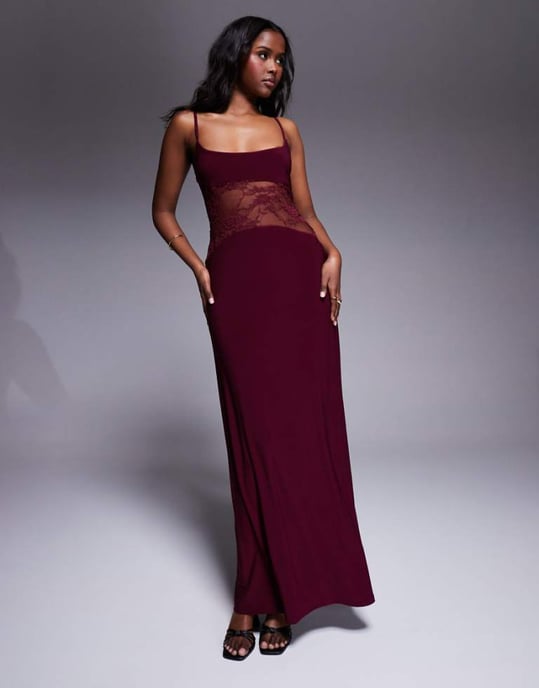 ASOS DESIGN cami lace insert maxi dress in burgundy - Image 1