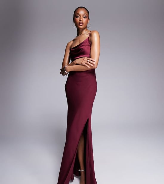 ASOS DESIGN Tall satin chiffon mix draped one shoulder maxi dress in burgundy - Image 1