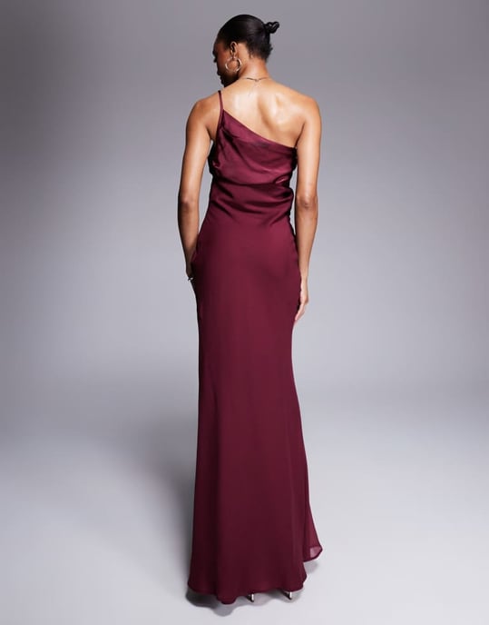ASOS DESIGN Tall satin chiffon mix draped one shoulder maxi dress in burgundy - Image 2
