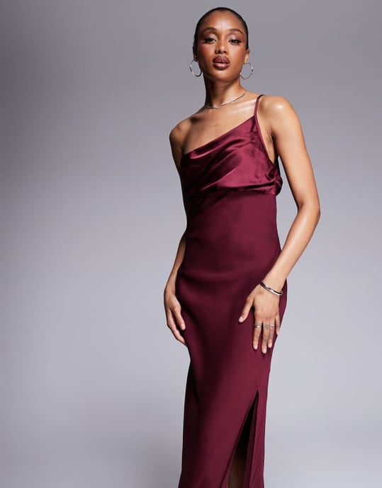 ASOS DESIGN Tall satin chiffon mix draped one shoulder maxi dress in burgundy - Image 3