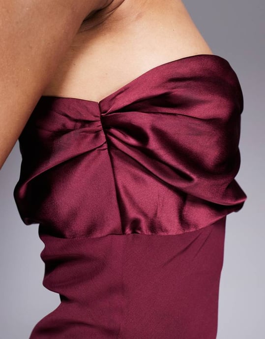 ASOS DESIGN Tall satin chiffon mix draped one shoulder maxi dress in burgundy - Image 4