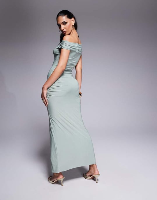 Missyempire double layered slinky fold over bardot bodycon maxi dress in sage green - Image 4