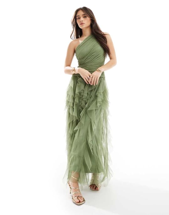 Lace & Beads Bridesmaid one shoulder waterfall ruffle maxi dress in soft olive - Image 1