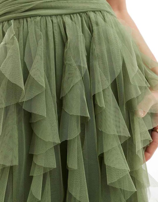 Lace & Beads Bridesmaid one shoulder waterfall ruffle maxi dress in soft olive - Image 3