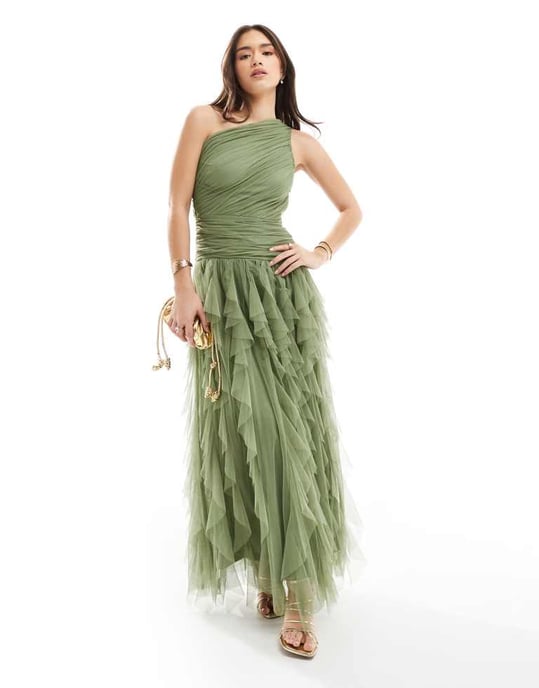 Lace & Beads Bridesmaid one shoulder waterfall ruffle maxi dress in soft olive - Image 4