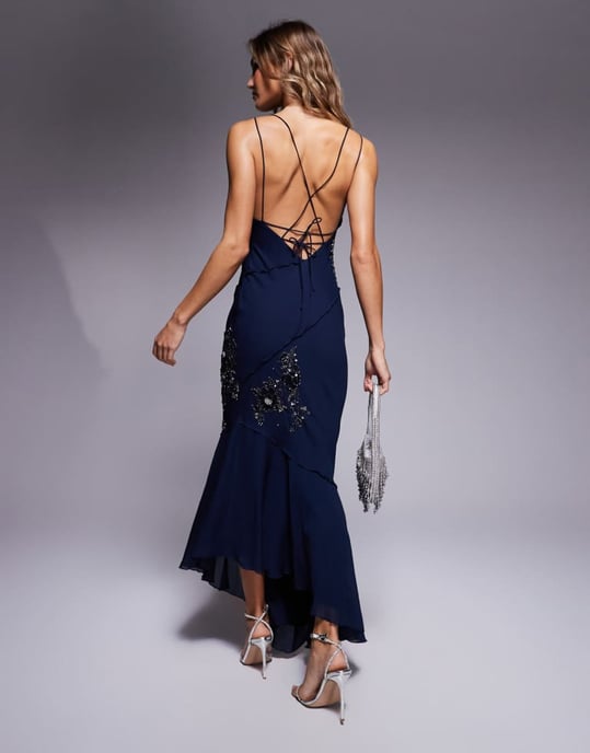 ASOS DESIGN cowl floral embellished maxi dress with cowl detail in midnight blue - Image 2