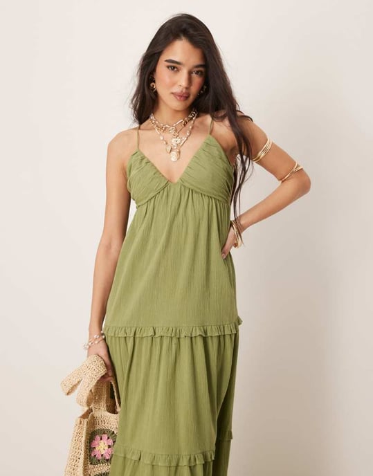 ASOS DESIGN crinkle cami maxi sundress in olive - KHAKI - Image 3