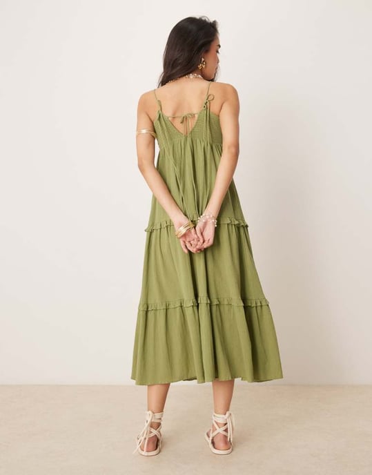 ASOS DESIGN crinkle cami maxi sundress in olive - KHAKI - Image 4