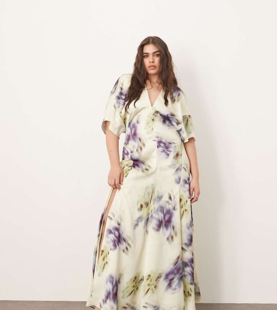 ARRANGE Curve modern 30's maxi satin dress with shoulder pad in blurred floral - Image 1