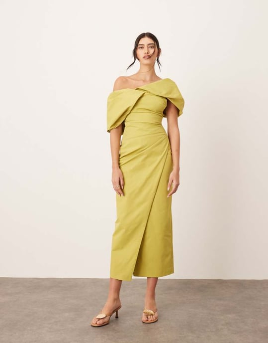 ARRANGE bardot pleat maxi dress with wrap detail in chartreuse - Image 1