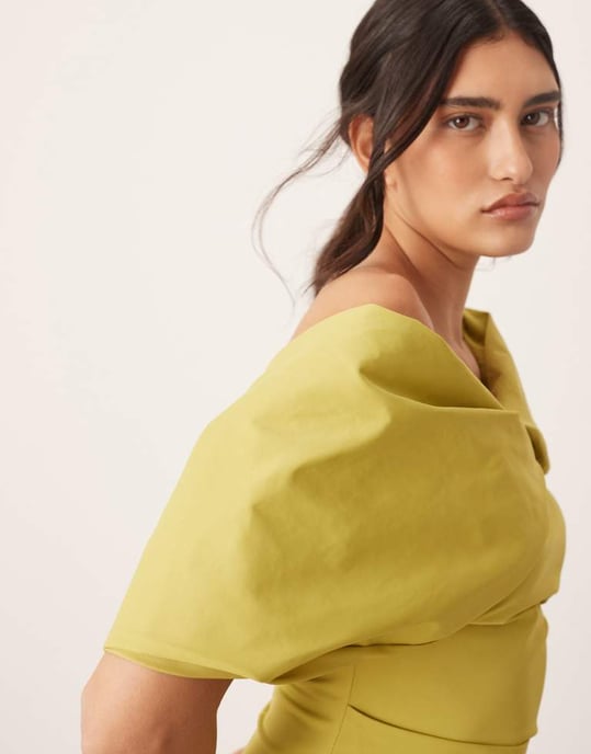 ARRANGE bardot pleat maxi dress with wrap detail in chartreuse - Image 2
