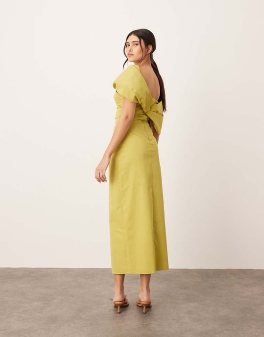ARRANGE bardot pleat maxi dress with wrap detail in chartreuse - Image 3