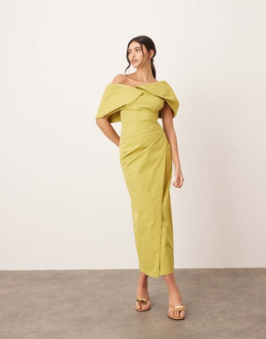 ARRANGE bardot pleat maxi dress with wrap detail in chartreuse - Image 4