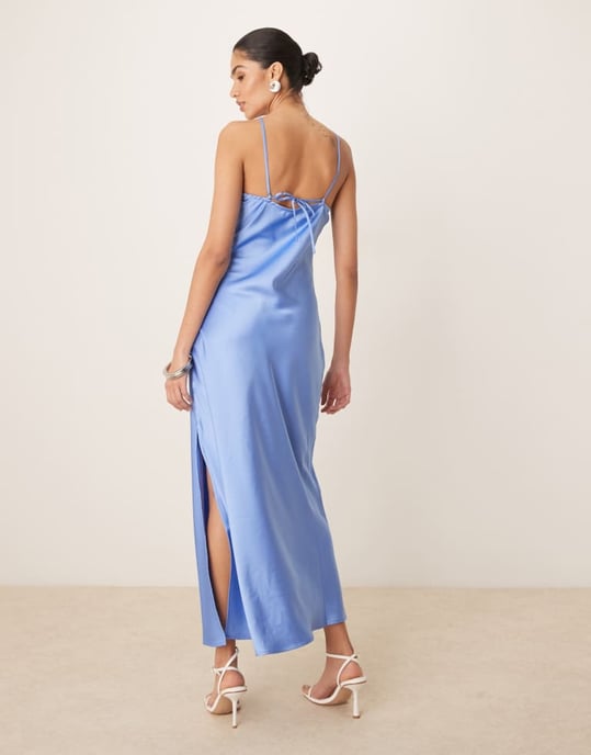 YAS halter neck satin maxi dress with corsage detail in provence blue - Image 3