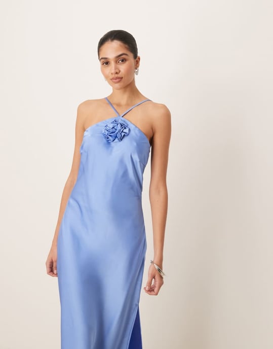 YAS halter neck satin maxi dress with corsage detail in provence blue - Image 4