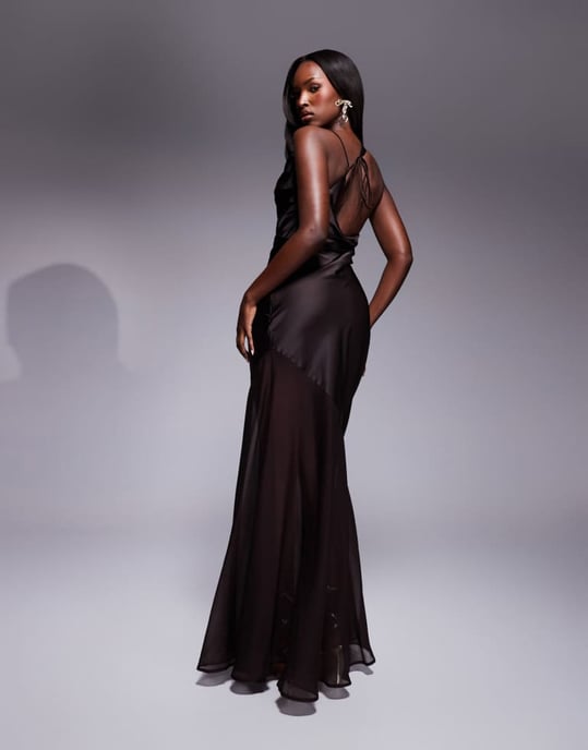 ASOS DESIGN satin chiffon mix draped bodice open cowl back maxi dress in chocolate - Image 4