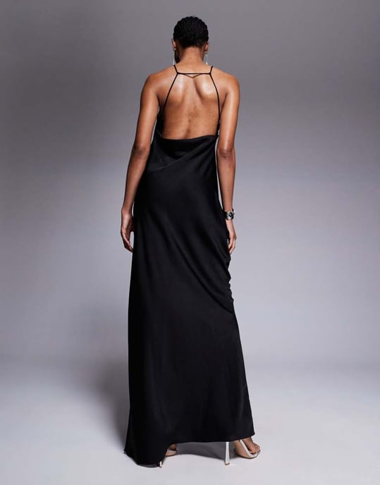 ASOS DESIGN Tall satin halter neck maxi dress with split detail in black - Image 3