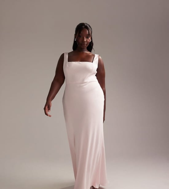 ASOS DESIGN Curve Bridesmaid satin square neck maxi dress in soft pink - Image 1