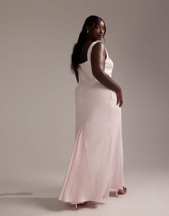 ASOS DESIGN Curve Bridesmaid satin square neck maxi dress in soft pink - Image 2