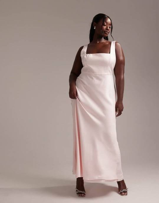 ASOS DESIGN Curve Bridesmaid satin square neck maxi dress in soft pink - Image 4
